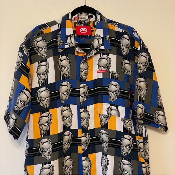 Rare Y2K Ecko Unlimited L buttons down t-shirt short sleeve Silver Surfer blue - Picture 2 of 7